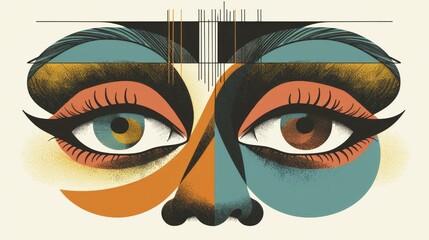 Poster - Surreal abstract art focusing on intricately detailed eyes juxtaposed with bold colors and graphic lines, AI generated