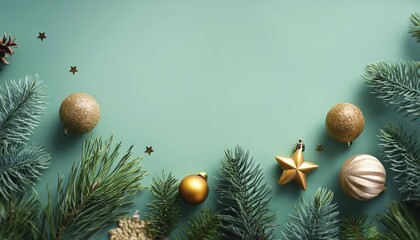 Aufkleber - Creative Christmas background with coniferous twigs and decorations on a green table with copy space. Generative AI, AI generated