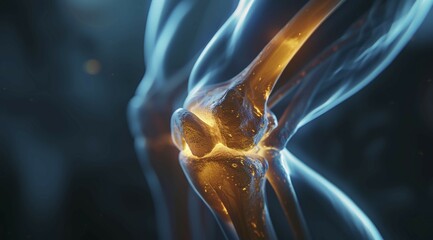 Wall Mural - Digital illustration of a glowing knee joint with orange and blue light elements, ai generated, AI generated