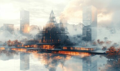 Sticker - Futuristic city building, foggy lake reflection, autumn trees.