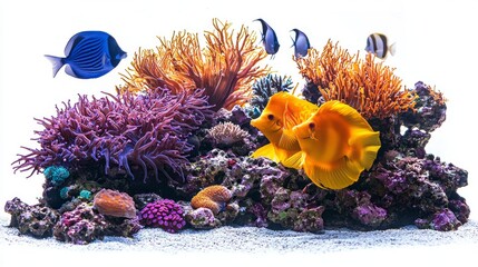 Poster - A lively marine ecosystem adorned with diverse coral species creates a stunning backdrop for various fish swimming gracefully. Bright orange and purple corals mingle beautifully