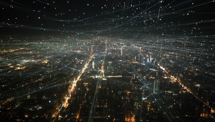 Poster - Abstract Cityscape with Data Network and Glowing Light Paths Overlay Visualization