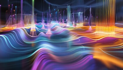 Poster - Abstract Light Waves and Structures Forming a Colorful Digital Landscape