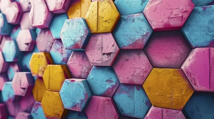 Aufkleber - Abstract hexagonal pattern in vibrant colors of yellow, pink, and blue creating a 3D effect, AI generated