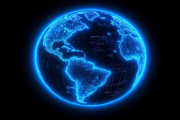 Poster - Glowing representation of Earth with a blue outline showcasing continents and oceans in a dark background
