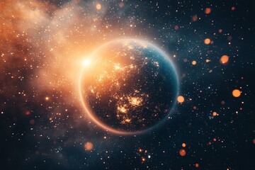 Aufkleber - Vibrant celestial view of a distant planet illuminated by starlight in a colorful cosmic environment
