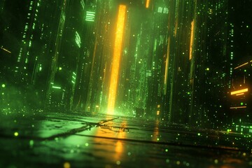 Aufkleber - Digital landscape with glowing lines and reflections in a futuristic cyber environment