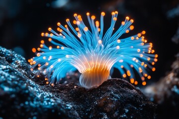 Poster - Colorful underwater creature displaying vibrant tentacles in a rocky marine environment