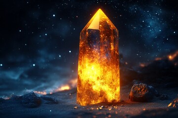 Aufkleber - Glowing orange crystal illuminated by sparkling stars on a mystical night landscape