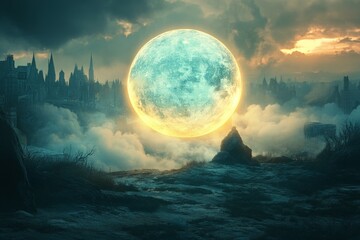 Poster - Mysterious cityscape illuminated by an ethereal moonrise at dusk