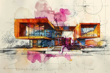 Poster - A brightly colored abstract watercolor sketch of a geometric architectural structure, Bio architecture, Watercolor Aesthetics, AI generated