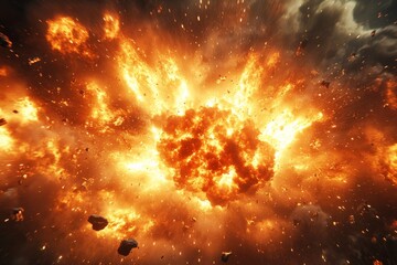 Poster - Large explosion fills the sky with fire and debris during a dramatic event at dusk