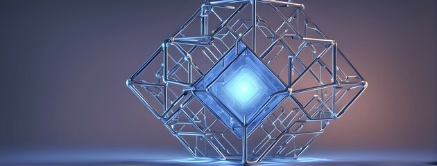 Poster - Three dimensional render of a blue glowing blockchain cube, AI generated