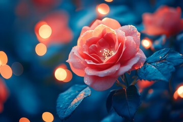 Poster - Elegant pink rose illuminated by soft lights in a tranquil garden at dusk