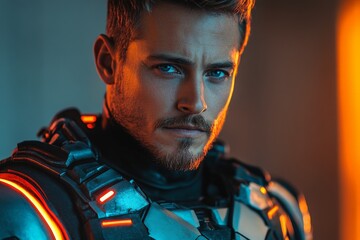 Aufkleber - Futuristic soldier stands in a dimly lit room with striking blue and orange lighting, showcasing advanced armor and intense expression