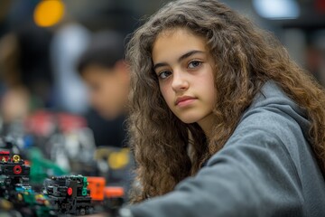 Aufkleber - Young girl focuses on building a complex structure at a robotics workshop in a community center during an afternoon session