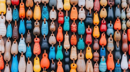 Poster - Colorful Wooden Beads in Various Shapes and Patterns Hanging Together