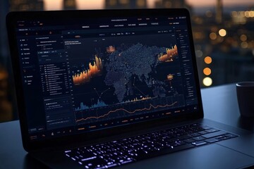 Poster - Data visualization on a laptop screen showcasing global metrics at night