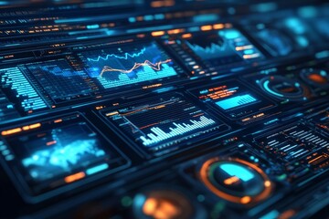 Poster - Data visualization dashboard displaying financial analytics and performance metrics in a futuristic design