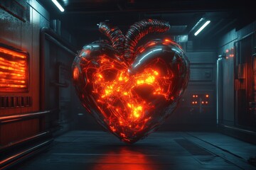 Poster - Heart-shaped sculpture glowing with lava-like light in futuristic, industrial environment at night