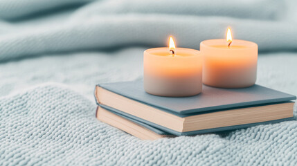Poster - A high-resolution image of a cozy self-care corner at home with candles, essential oils, and calming books, emphasizing relaxation,