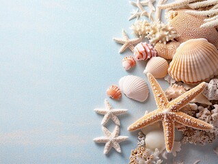 Wall Mural - Beach summer marketing campaigns concept. Colorful seashells and a starfish arranged on a light blue background, evoking a serene beach atmosphere.