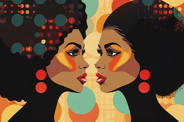 Poster - Abstract art portrait of two women face to face with vibrant colors and symmetrical patterns, illustration, AI generated