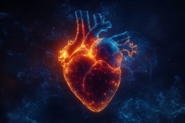 Poster - Floating heart illustration glowing in vivid colors against a dark background with a dramatic cosmic effect
