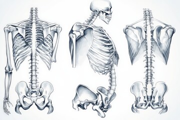 Poster - Detailed anatomical illustration of human skeleton showcasing front, side, and back views with labeled bones and joints