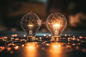 Poster - Light bulbs connect through glowing lines to symbolize innovation and ideas in a dark setting