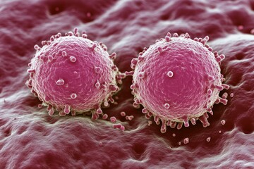 Poster - Microscopic view of two pink bacteria with surface structures in a textured environment