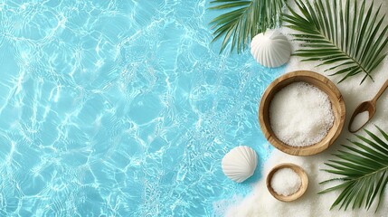 Wall Mural - Beach summer marketing campaigns concept. A serene beach scene featuring a clear blue water surface, palm leaves, and bowls of salt, evoking relaxation and tranquility.