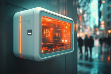 Poster - Futuristic touchscreen interface display in a bustling urban setting during twilight hours