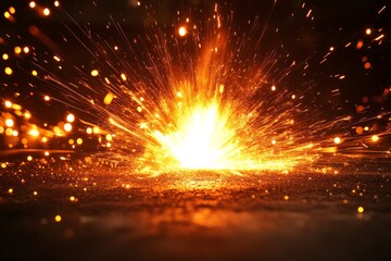 Aufkleber - Bright orange sparks fly up from a burst of flame on a dark surface in a dramatic display of motion and energy