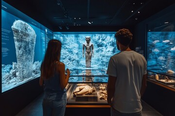Poster - Exploring ancient artifacts at a modern museum exhibit in the evening