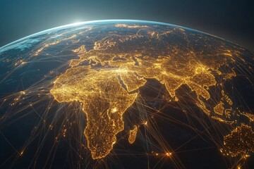 Aufkleber - Aerial view of illuminated cities and connections across Europe and Africa at night