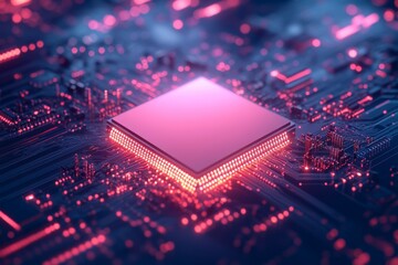 Aufkleber - Close-up of a vibrant microchip on a circuit board, illuminating the intricate electronic connections at night