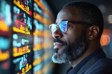 Aufkleber - Black businessman analyzes financial data on a digital display in a modern office setting