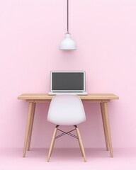 Poster - Modern Minimalist Workspace with Laptop and Pink Background Design