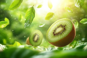 Poster - Fresh kiwis floating among green leaves in a vibrant and sunny environment creating a refreshing nature feel