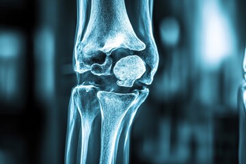 Poster - Detailed X-ray of a human knee joint revealing bone structure and potential issues