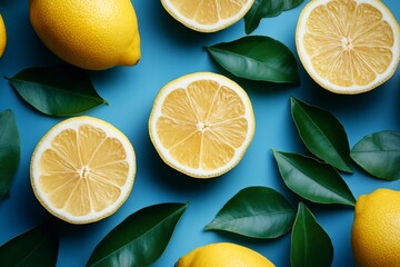 Aufkleber - Freshly sliced lemons and vibrant green leaves arranged on a blue background create a bright and refreshing composition