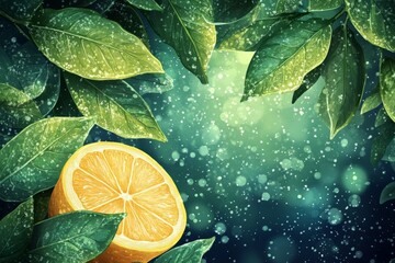 Poster - Lively orange and green foliage with a fresh orange slice resting among the leaves in a vibrant natural setting