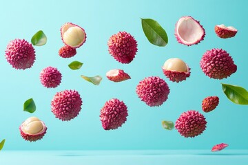 Aufkleber - Fresh lychees floating against a vibrant blue background with green leaves in an artistic arrangement