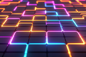 Aufkleber - A vibrant 3D rendering of neon-lit digital blocks arranged in a grid-like pattern, reflecting futuristic cyber aesthetics,