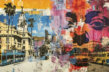 Poster - vivid mixed media urban cityscape with buildings, cars, and palm trees, illustration, ai generated