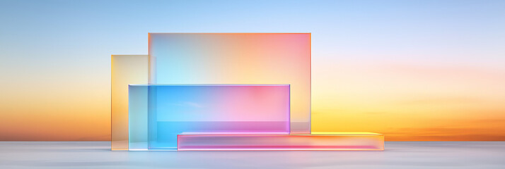 Fototapete - A minimalist artwork depicting transparent, layered blocks in soft, ambient lighting, conveying a sleek, futuristic design,