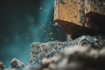 Aufkleber - Colorful insects swarm around debris in a construction site under soft sunlight creating a unique atmosphere
