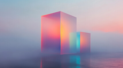 Poster - A high-resolution digital collage of floating geometric blocks illuminated by subtle neon highlights, set against a dark gradient backdrop,
