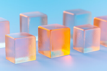 Fototapete - A detailed macro shot focusing on the edges of stacked, semi-transparent cubes, highlighting their luminescent lines and crisp angles,